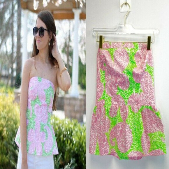 LILLY PULITZER Women's 100% Cotton Pink Green Top Tube 2 XS Strapless Peplum